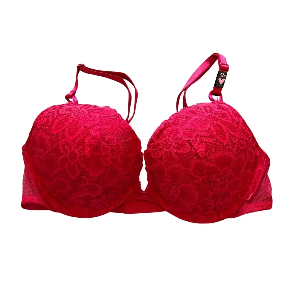 Victorias Secret Red Floral Lace Push Up Bra 32C Underwire Padded 11200925